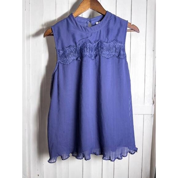 Vintage Inspired Blue Chiffon Sleeveless Top Lace Detail Pintuck Pleats Size XL - Picture 1 of 11